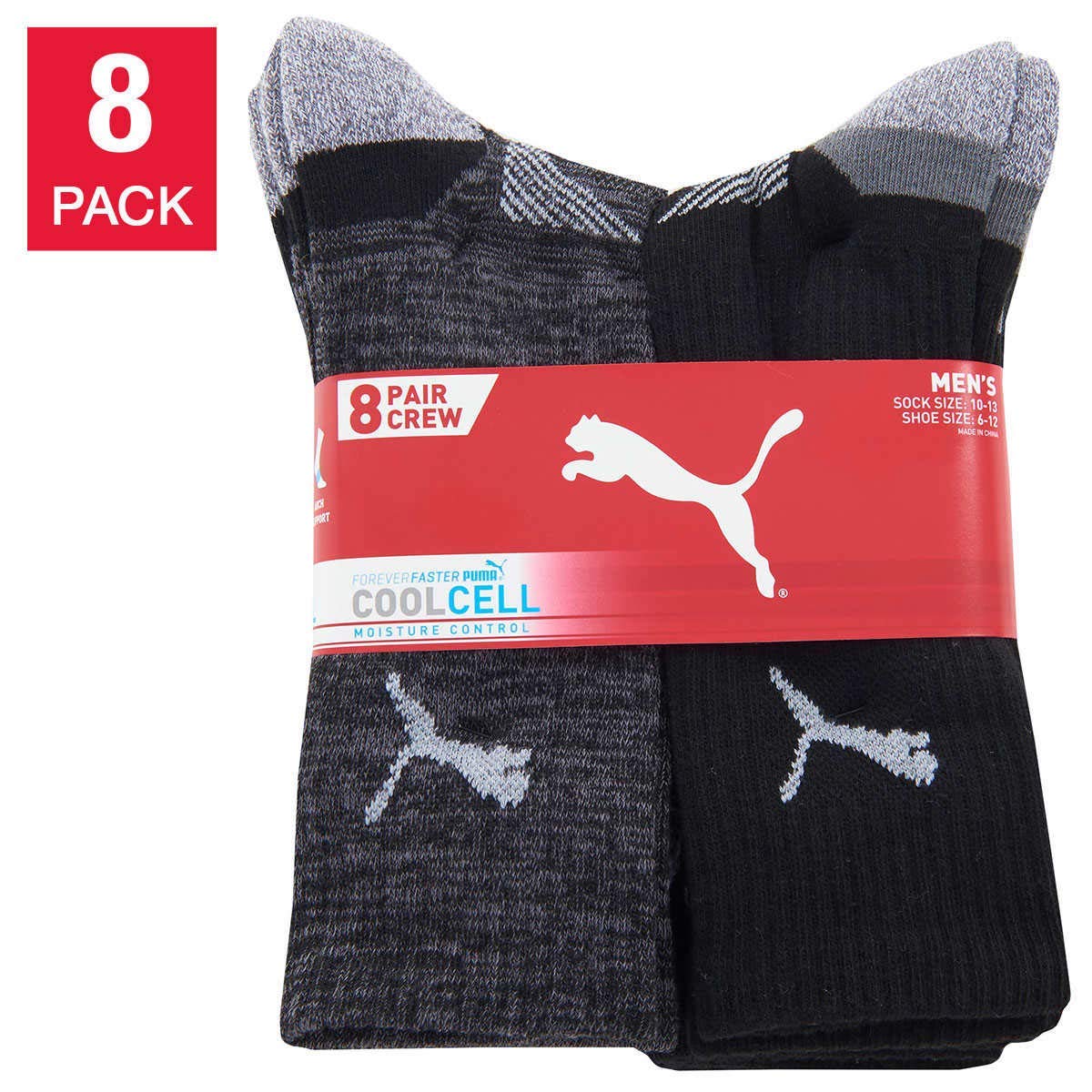 PUMA Mens Crew Socks Moisture Control, Black (8-Pair)
